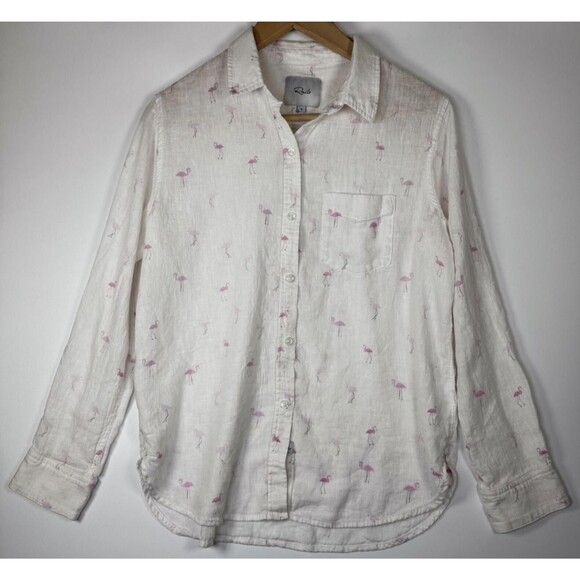 Rails Charli Womens Small Flamingos Print Linen Blend Button Up Shirt White Pink - Picture 1 of 15